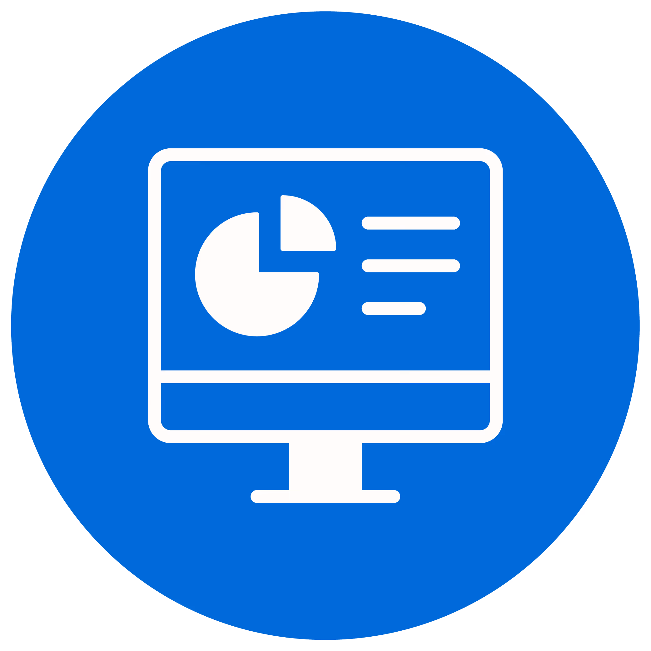 White computer monitor icon with a pie chart and text lines on a blue circular background.