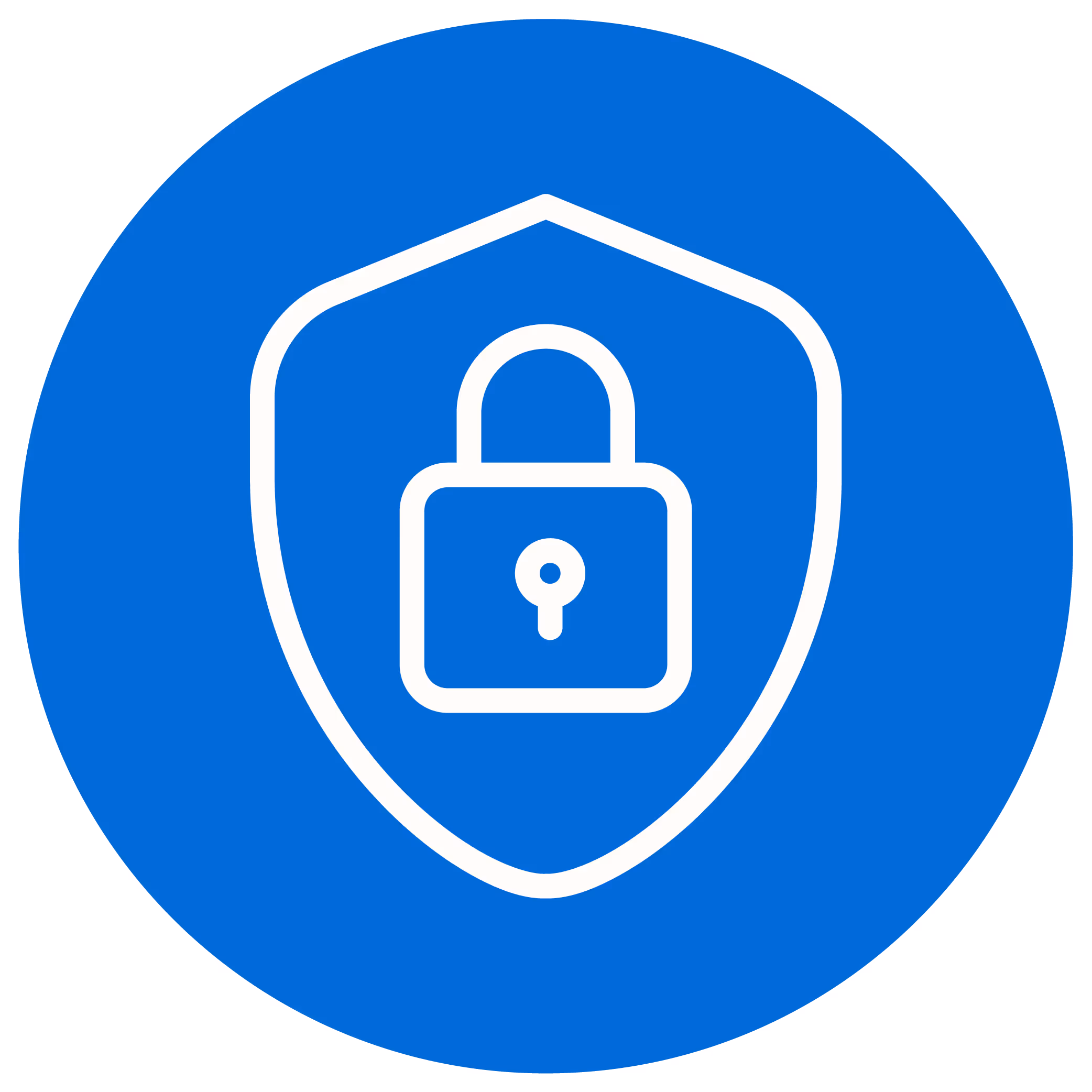 White padlock inside a shield icon on a blue circular background symbolizing security or protection.