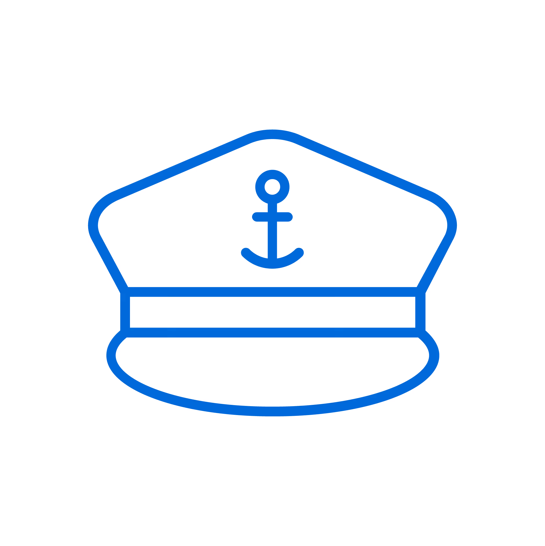Blue line drawing of a captain's hat with an anchor symbol on the front.