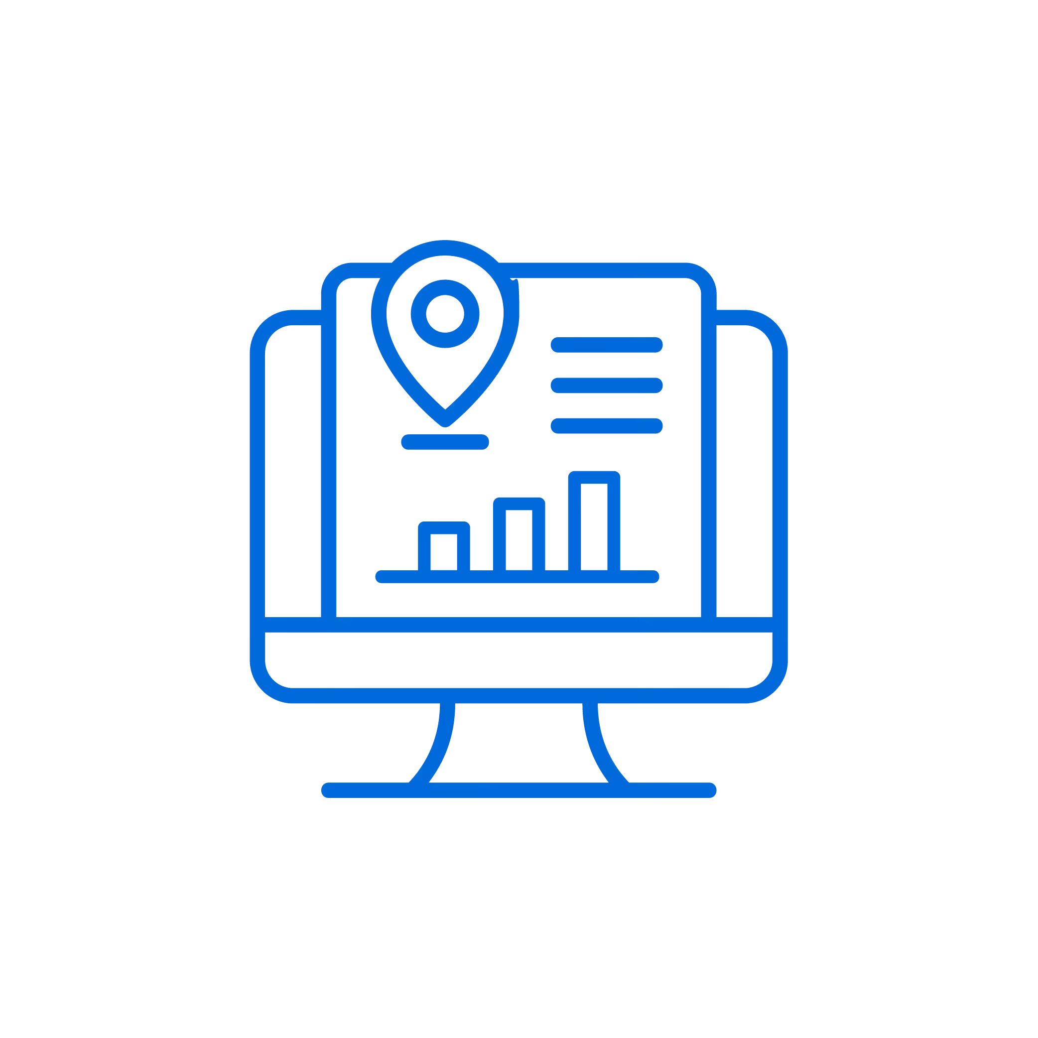Blue line icon of a computer monitor displaying a location pin, text lines, and a bar chart.