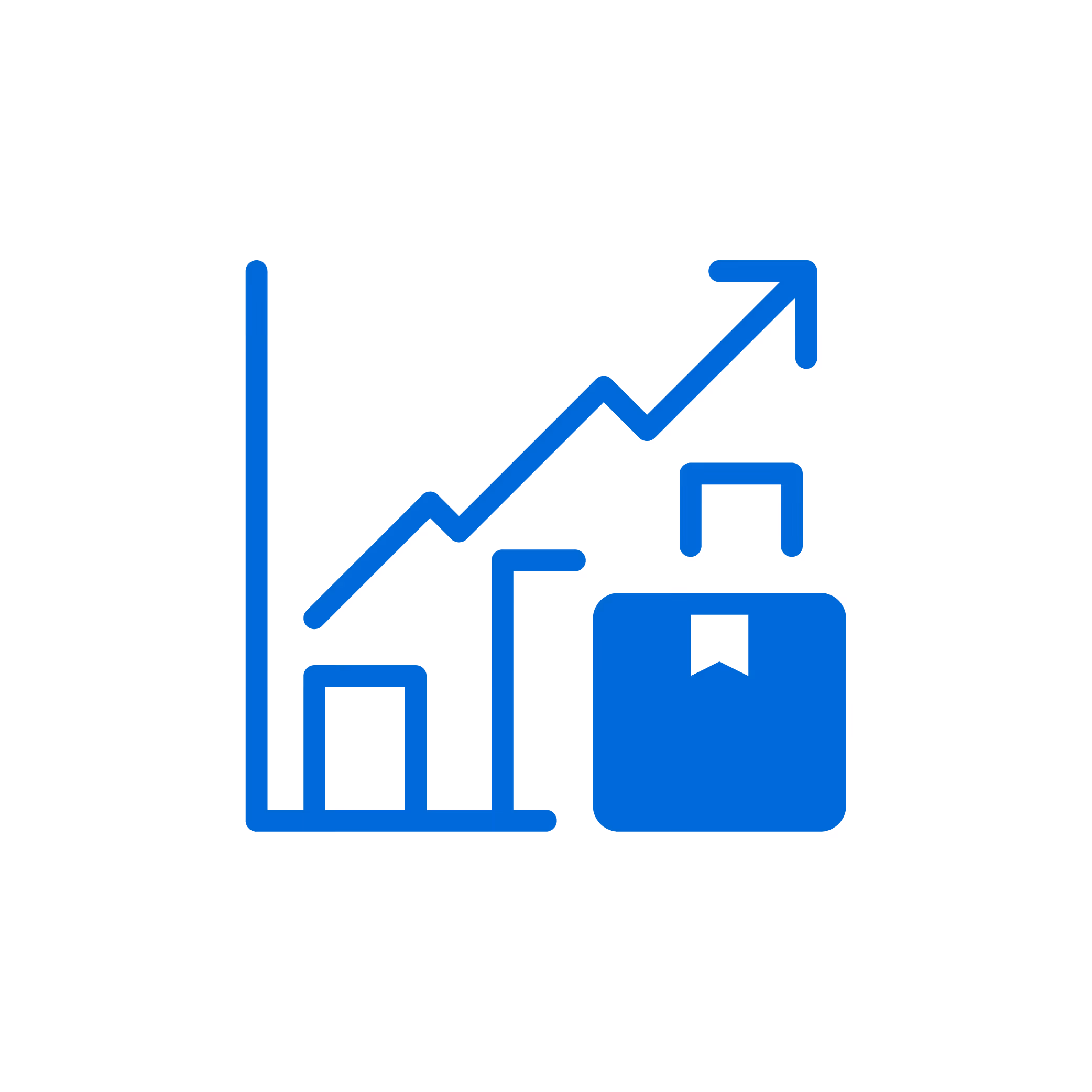 Blue bar chart with upward trending arrow and a package icon representing performance growth.