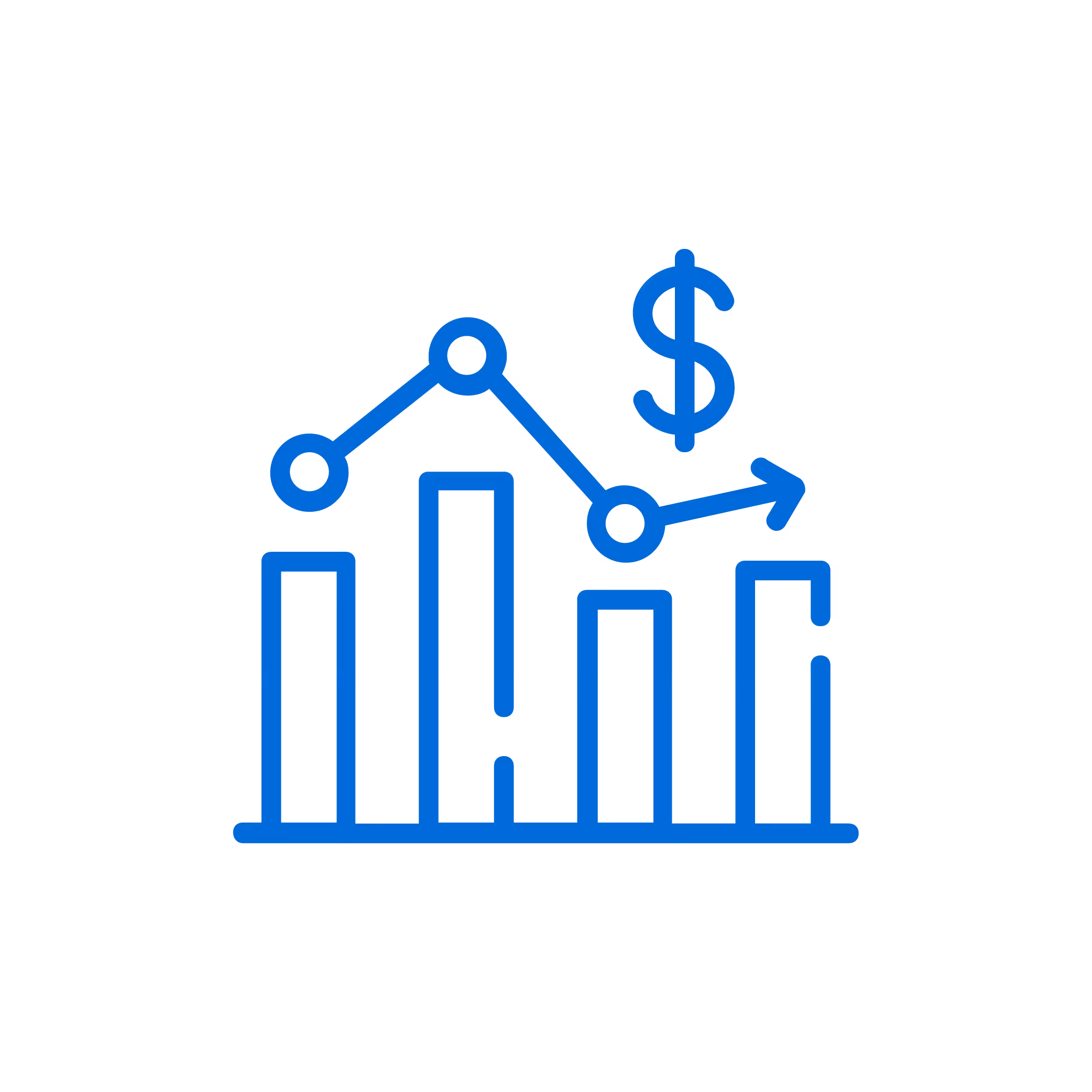 Blue bar chart with a line graph, dollar sign, and an arrow indicating financial growth.