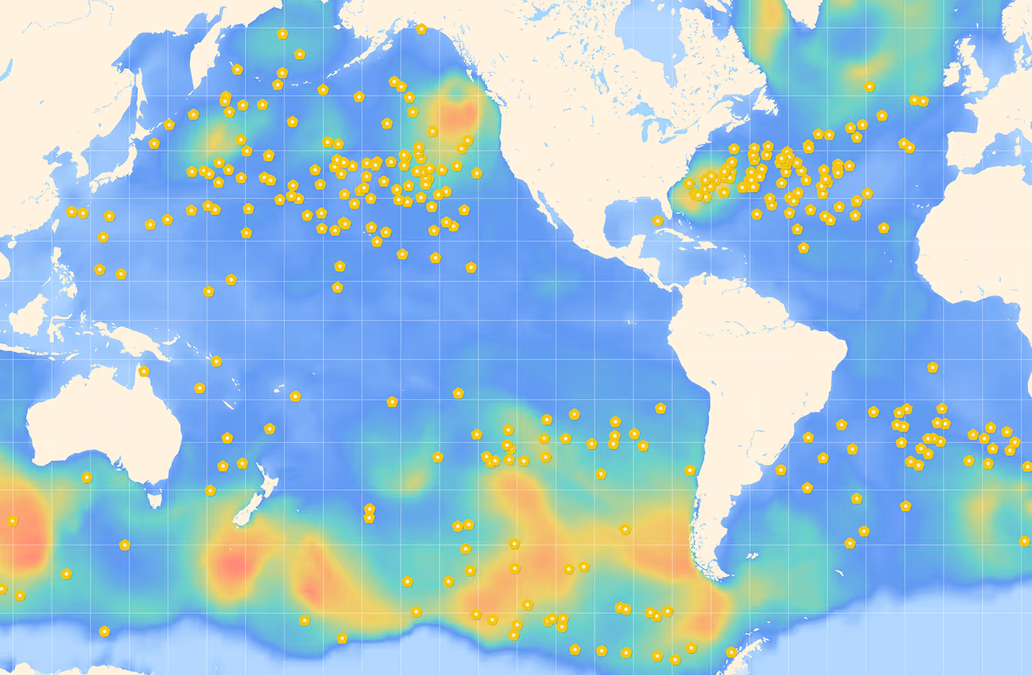 World map showing a heatmap with yellow hexagon markers clustered widely across the North Atlantic, North Pacific, and Southern Ocean regions.