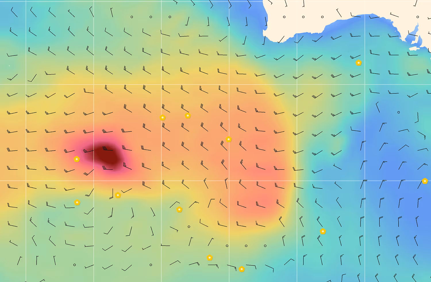 Color-coded weather map showing wind direction with black arrows over a gradient background indicating varying intensities, from blue to red.