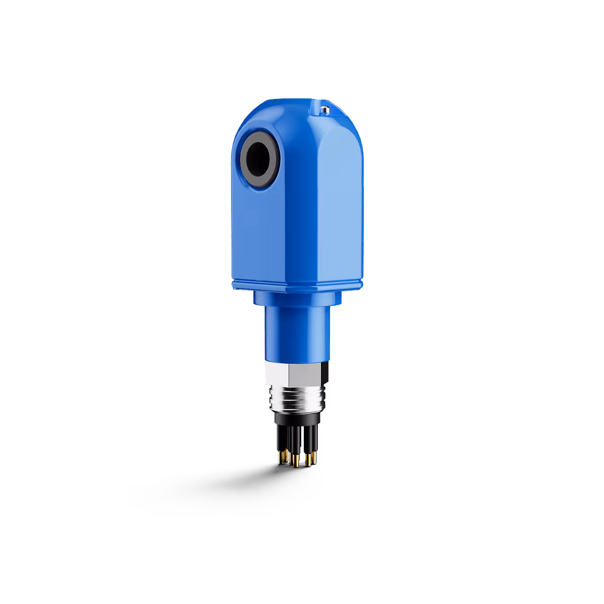 Blue cylindrical ocean salinity sensor with metallic connectors and electrical pins.