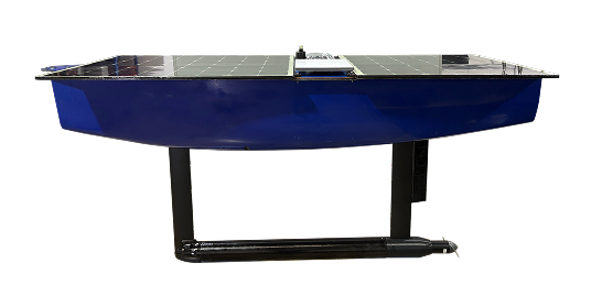 Dark blue small-scale boat model with flat top and two vertical supports holding a horizontal base underneath.