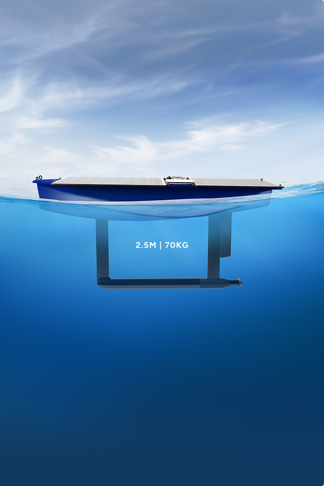 Side view of a solar-powered unmanned surface vessel partially submerged in water with dimensions 2.5 meters and weight 70 kg.