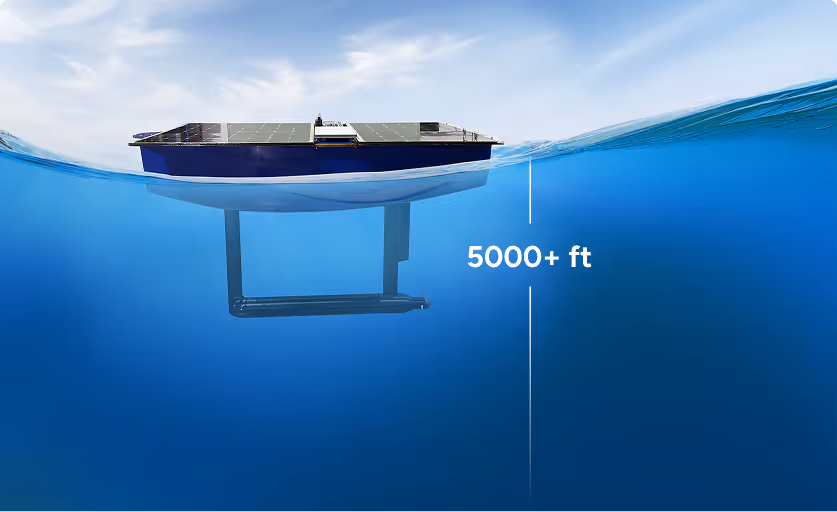 Solar-powered autonomous vessel floating on water surface with underwater sensor or device extending more than 5000 feet below.