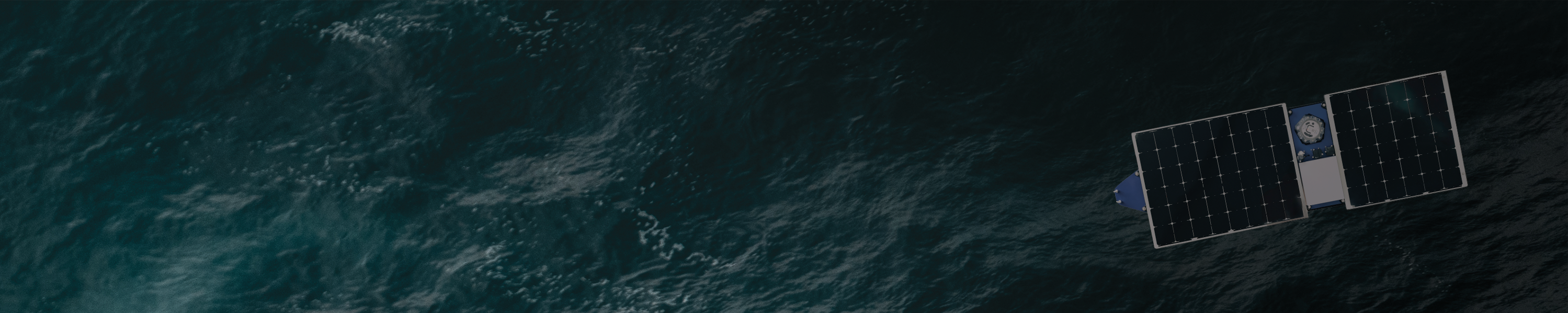 Satellite with solar panels orbiting above dark ocean water.