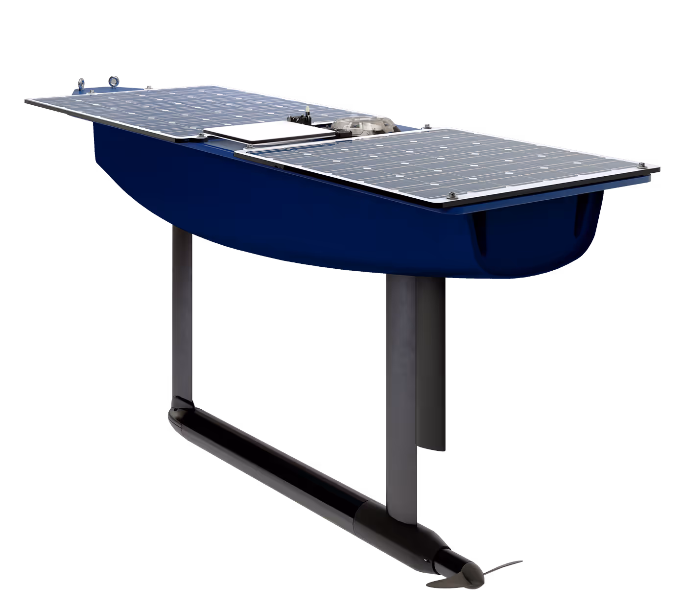 Dark blue small-scale boat model with flat top and two vertical supports holding a horizontal base underneath.