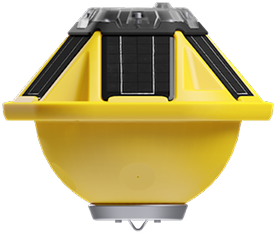 Yellow buoy with solar panels mounted on the top frame and a rounded bottom.