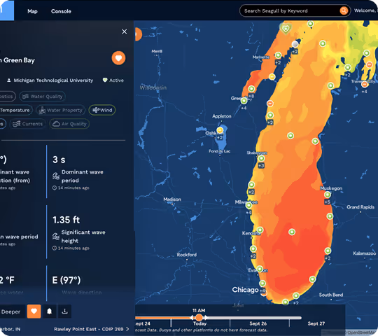 Interactive map showing Lake Michigan water conditions near Green Bay and Chicago with color gradient for water temperature and data on wave height, period, and direction.