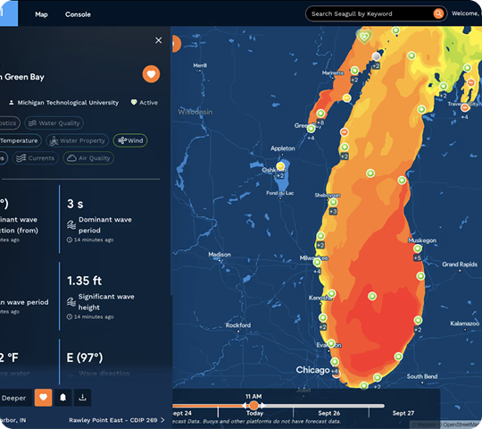 Interactive map showing Lake Michigan water conditions near Green Bay and Chicago with color gradient for water temperature and data on wave height, period, and direction.
