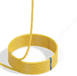 Coiled yellow cable with a slender vertical extension and a small blue label on the coil.