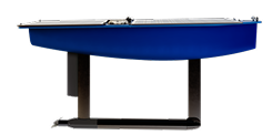 Blue solar-powered autonomous marine drone with solar panels on top and an underwater propulsion system.