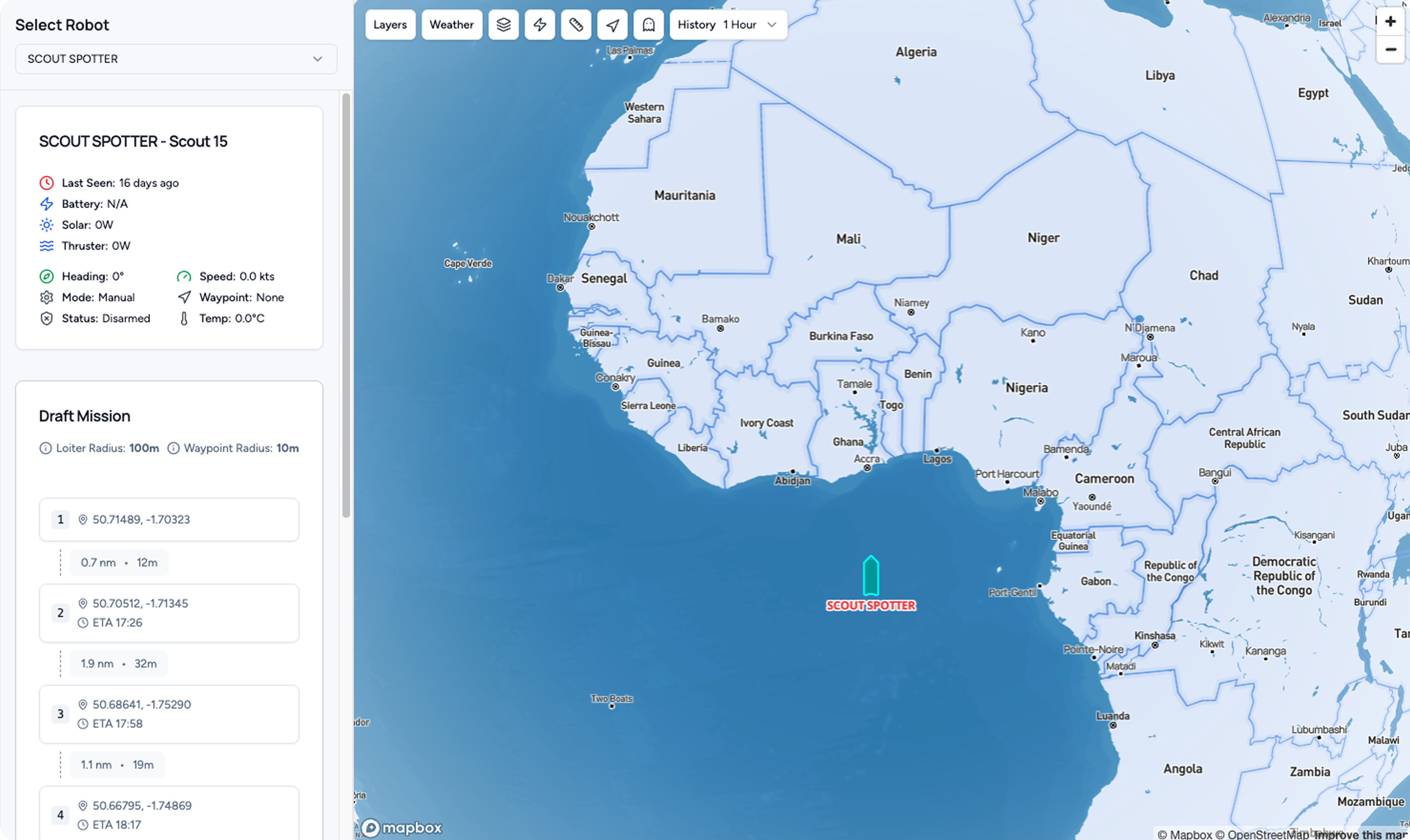 Map showing a Scout Spotter robot off the west coast of Africa near Nigeria and Cameroon with mission waypoints and robot status details.