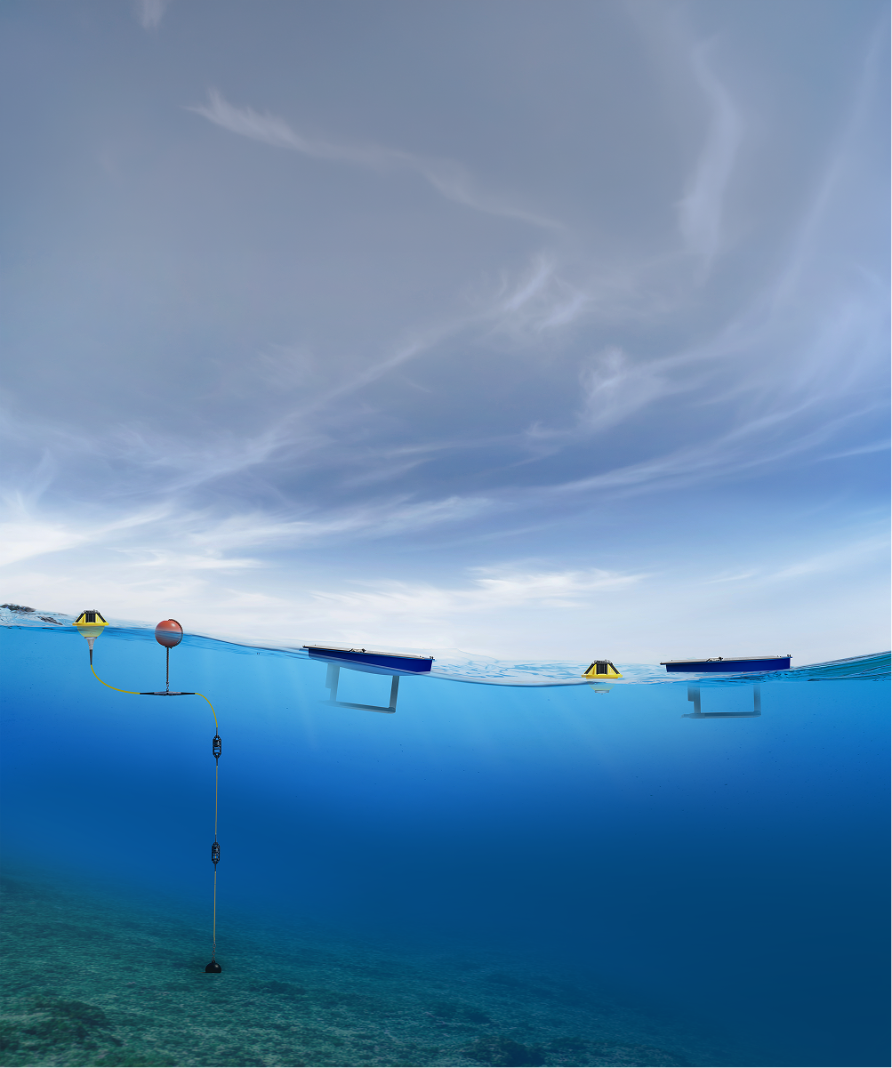 Two blue wave energy converters floating on the ocean surface connected to buoys and underwater mooring systems on the sea floor.