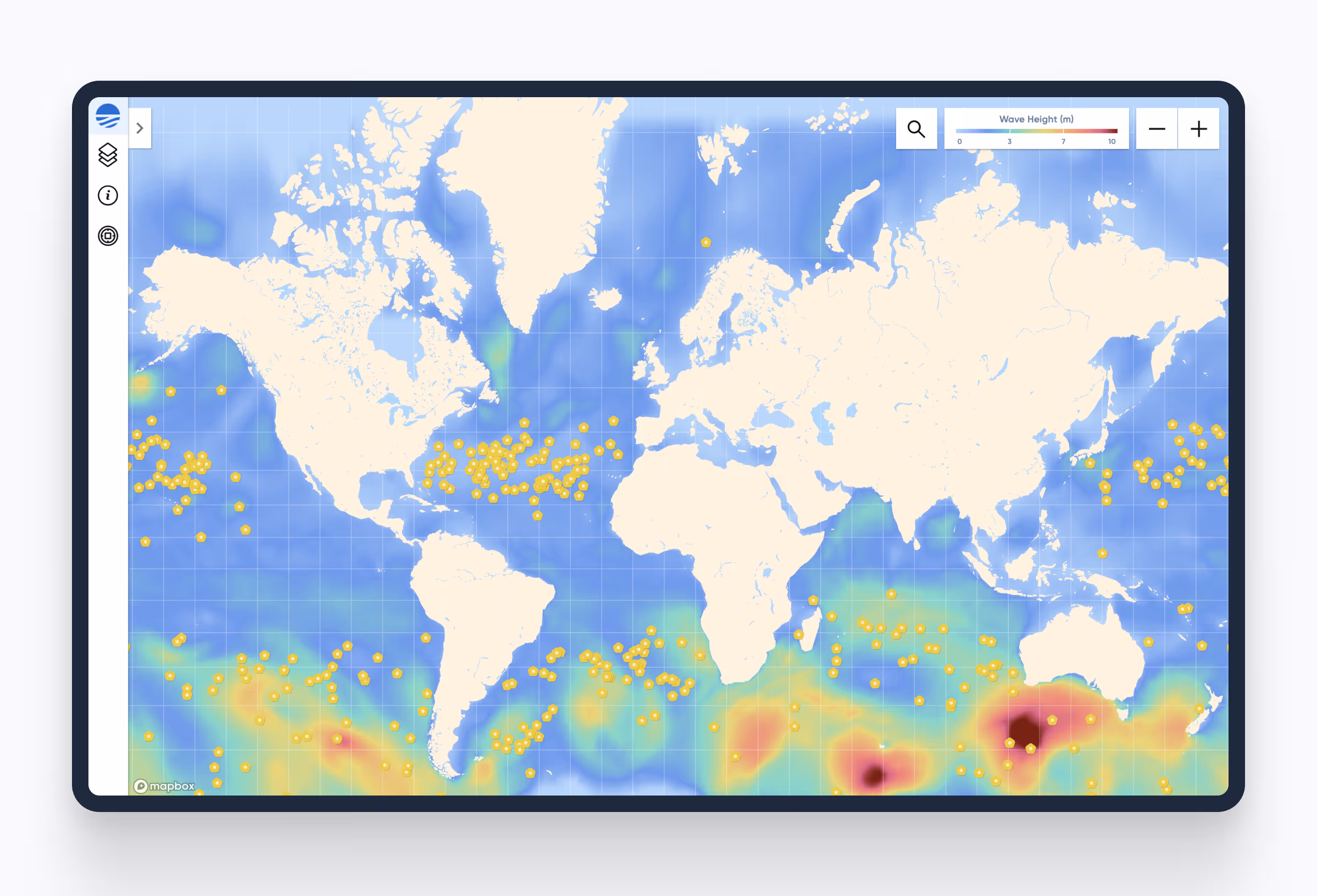 Sofar's global network of free-drifting Spotter buoys (yellow pentagons) on Sofar's global Weather Dashboard. The map is colored by wave height.