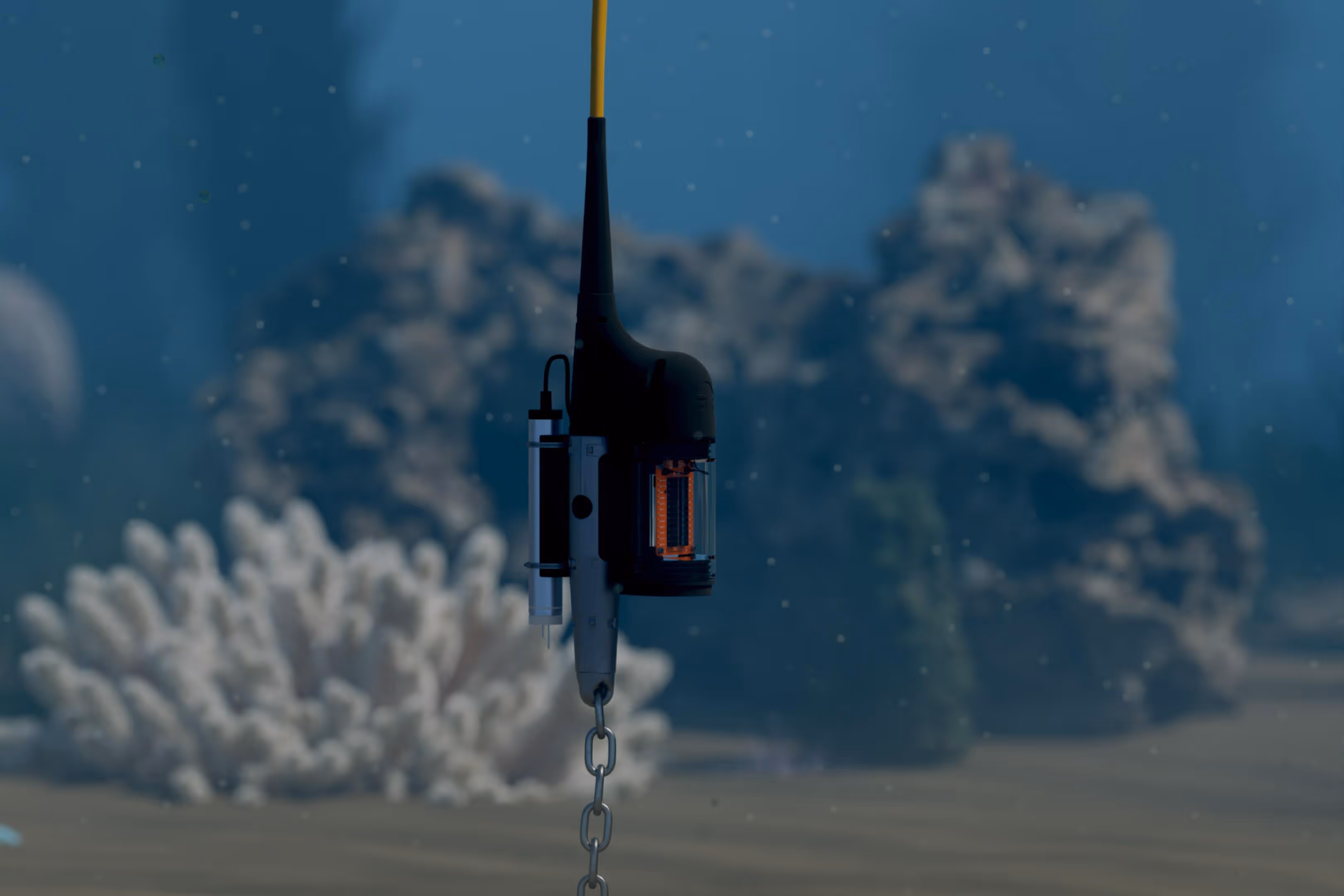 The Bristlemouth connectivity standard for marine technology shown underwater.