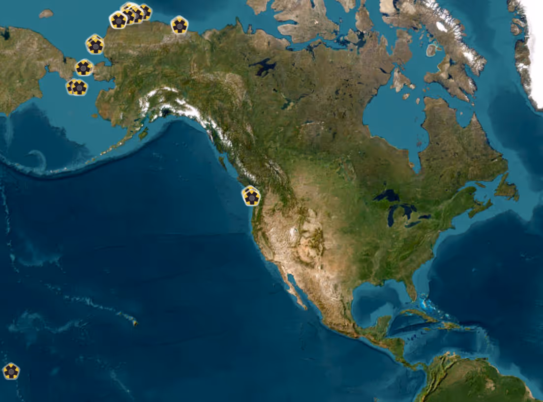 A map with locations of wave buoys in Alaska, Pacific Northwest, and Pacific Islands