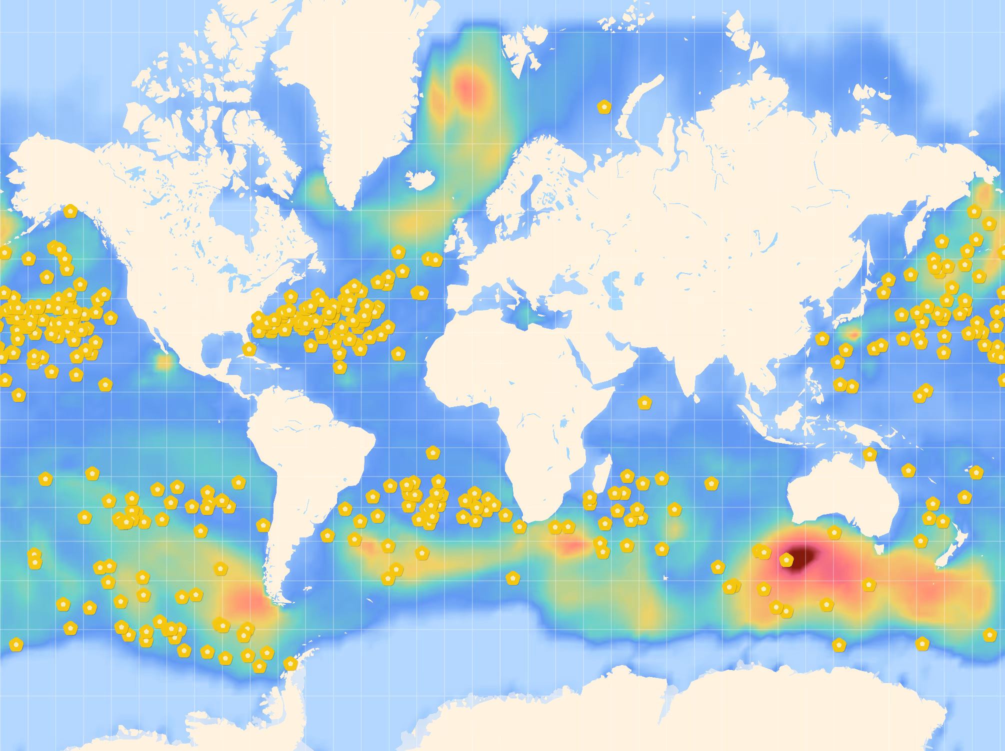 A global map showing weather systems and Sofar's network of Spotter buoys.