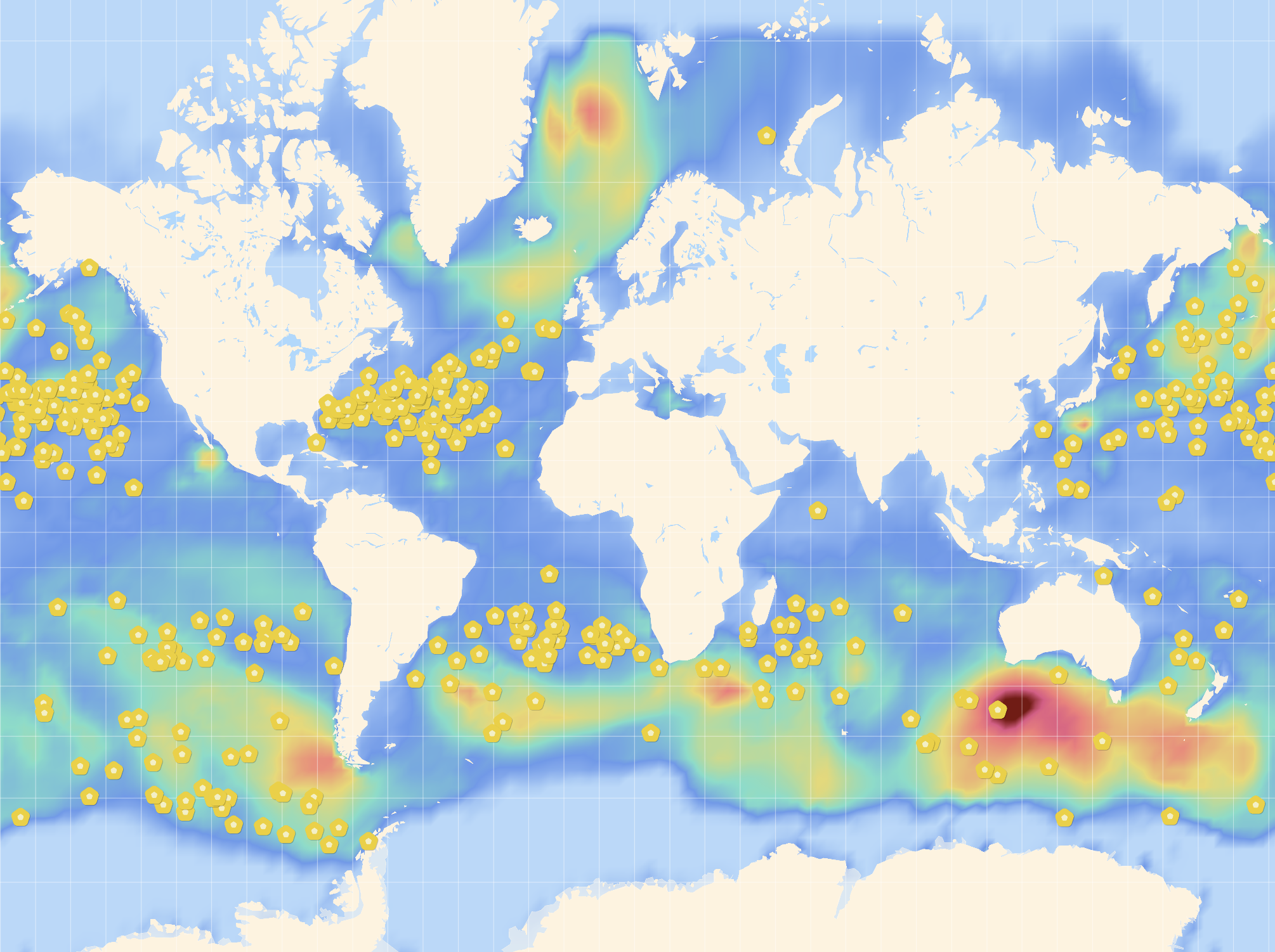 A global map showing weather systems and Sofar's network of Spotter buoys.