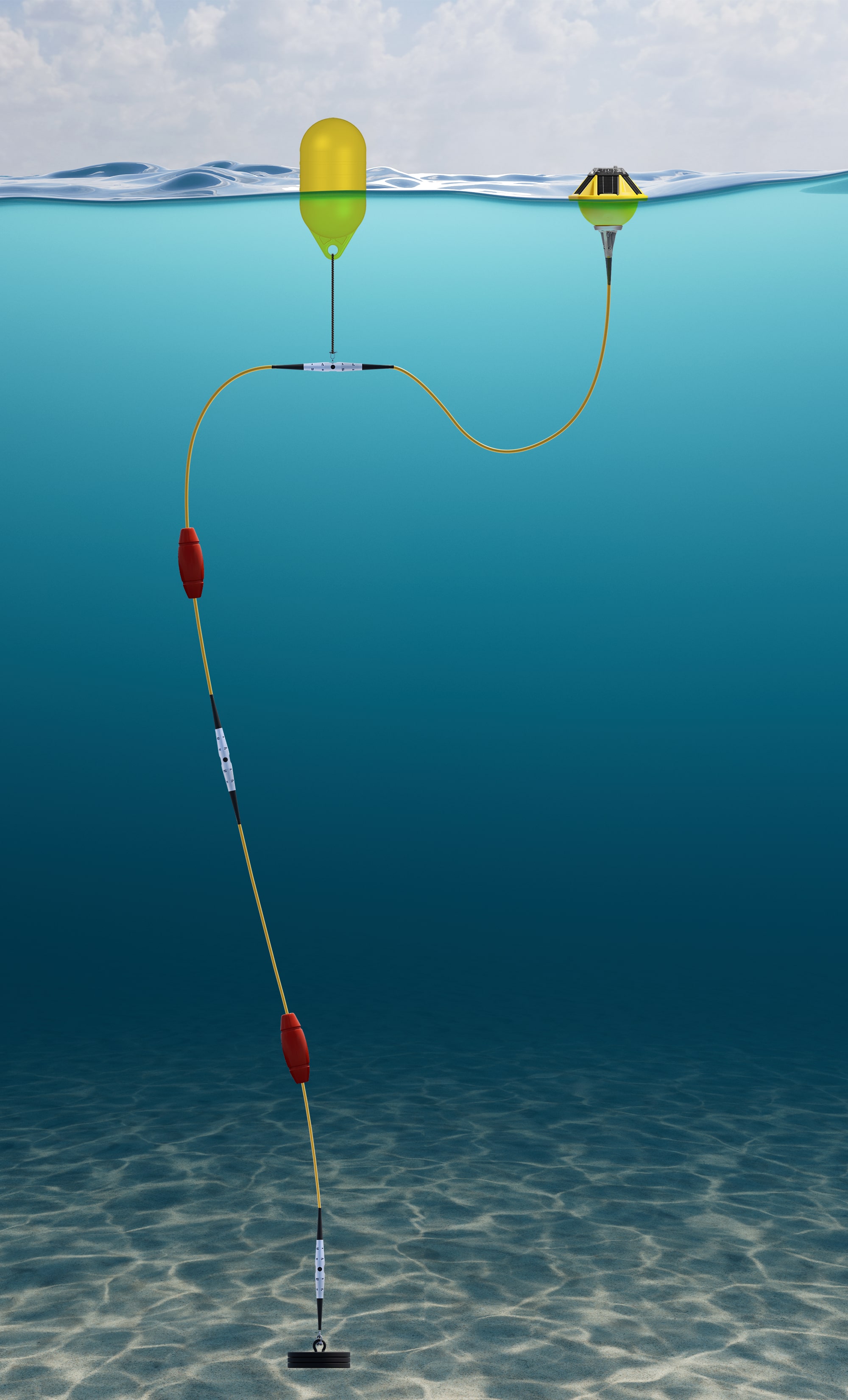 Diagram showing Spotter Smart Mooring system with yellow surface buoy, subsurface sensors on mooring line, and ocean floor anchor in clear blue water