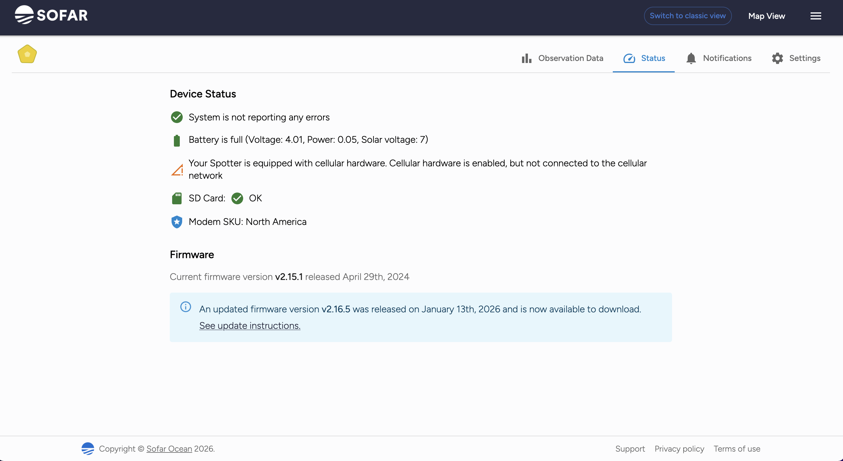 Status page for a Spotter Platform indicating that the system is reporting no errors. Shows battery status, solar voltage, SD card status, and modem SKU (North America). Indicates that cellular hardware is enabled, but not connected to a network. Indicates that the system has firmware version v2.15.1 (April 29, 2024) installed, but notes that an updated firmware version v2.16.5 is available for download as of January 13, 2026 and links to updated firmware instructions.