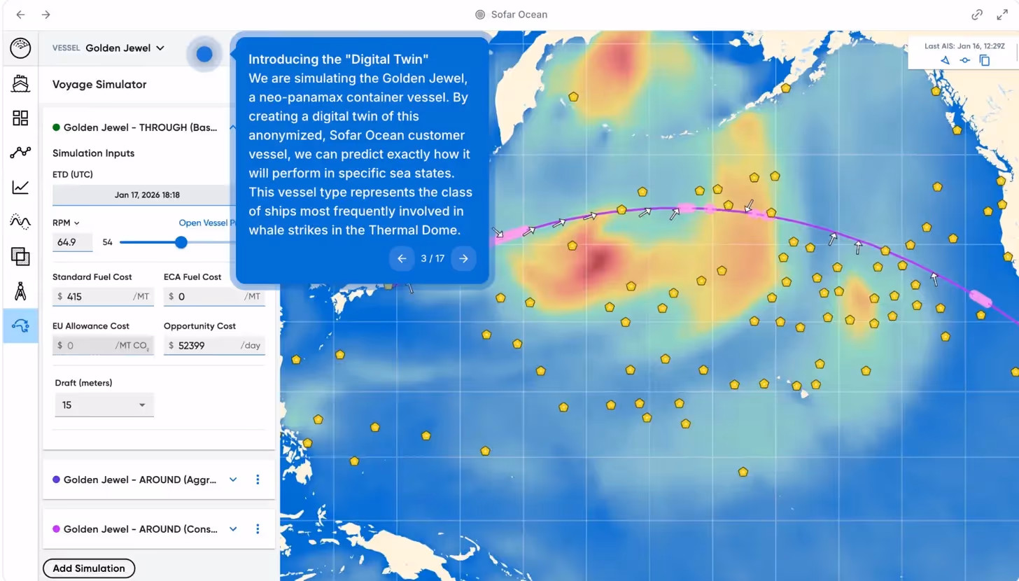 We loaded an anonymized neo-panamax container vessel into Wayfinder Voyage Simulator along with its performance profile, fuel costs, and opportunity cost inputs.