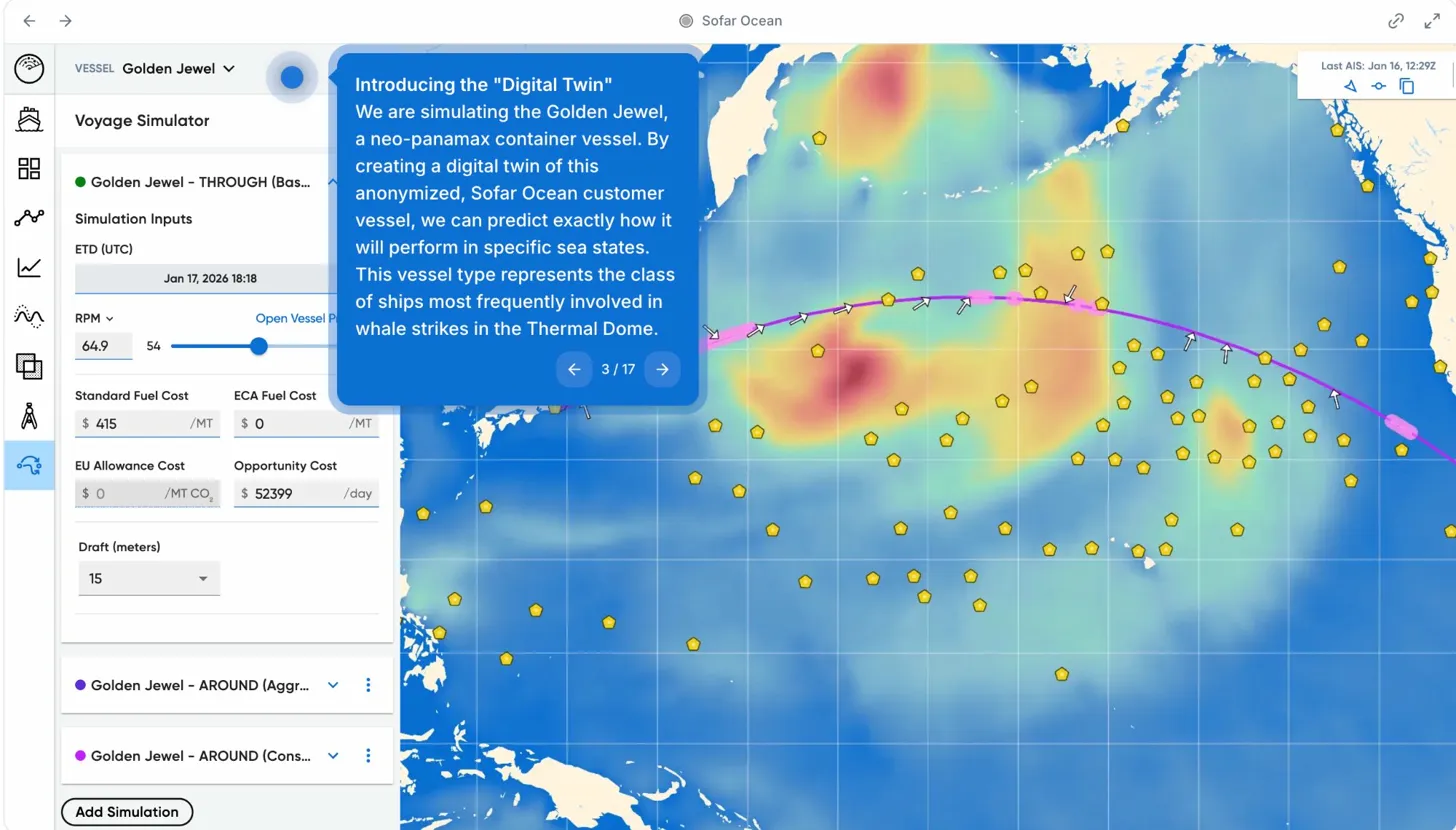 We loaded an anonymized neo-panamax container vessel into Wayfinder Voyage Simulator along with its performance profile, fuel costs, and opportunity cost inputs.