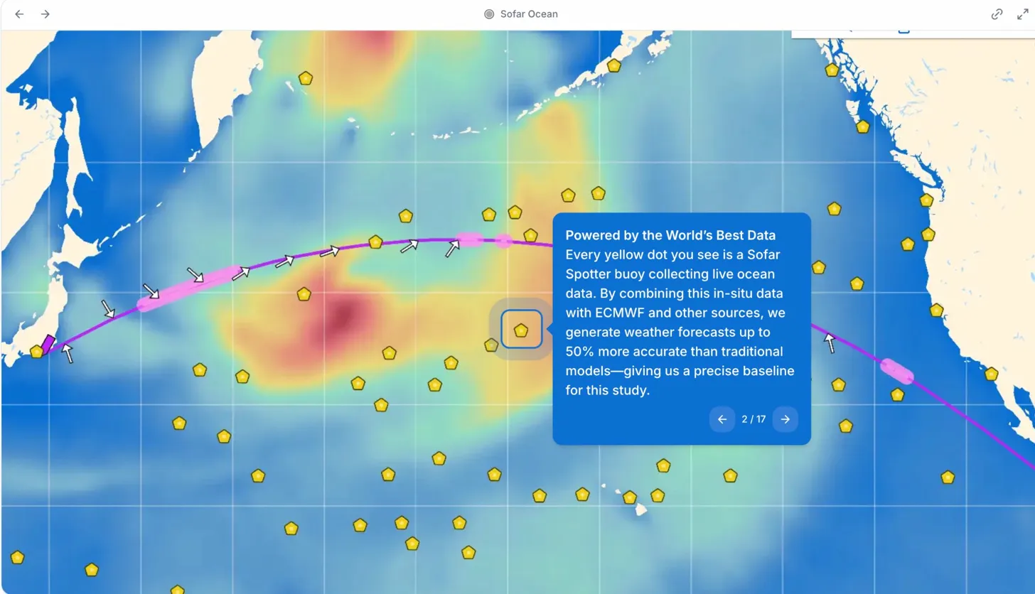 Sofar Ocean's global network of Spotter buoys (yellow dots) collects real-time ocean observations that power the marine weather forecasts behind every Voyage Simulator estimate.