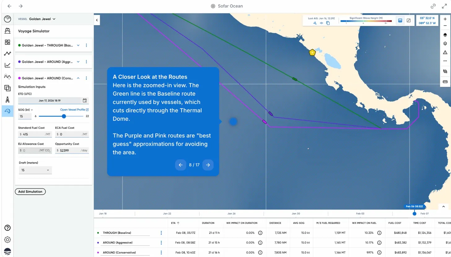 A zoomed-in view near the Thermal Dome showing all three routes: the baseline (green) passes directly through, while the aggressive (purple) and conservative (pink) alternatives arc around the area.