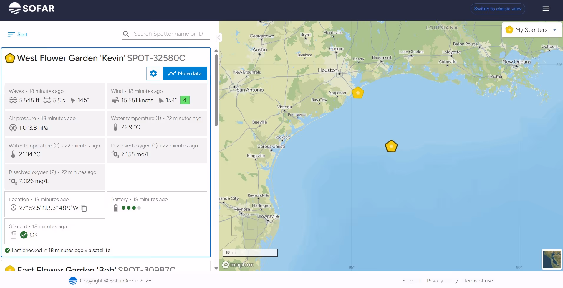 Sofar Ocean Spotter Dashboard for West Flower Garden Bank