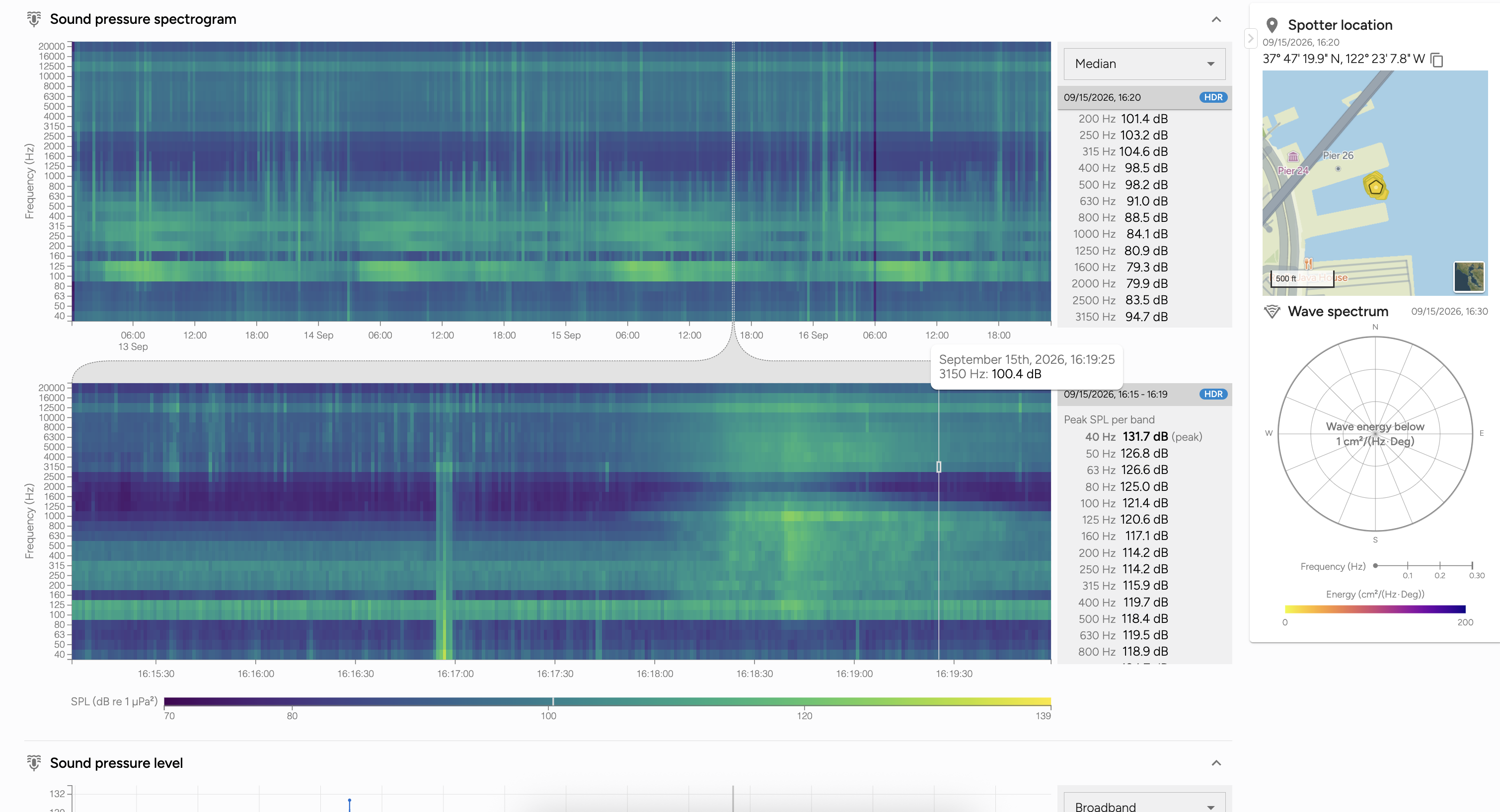 A one-second resolution spectrogram in the Spotter Dashboard showing a clear vessel signature