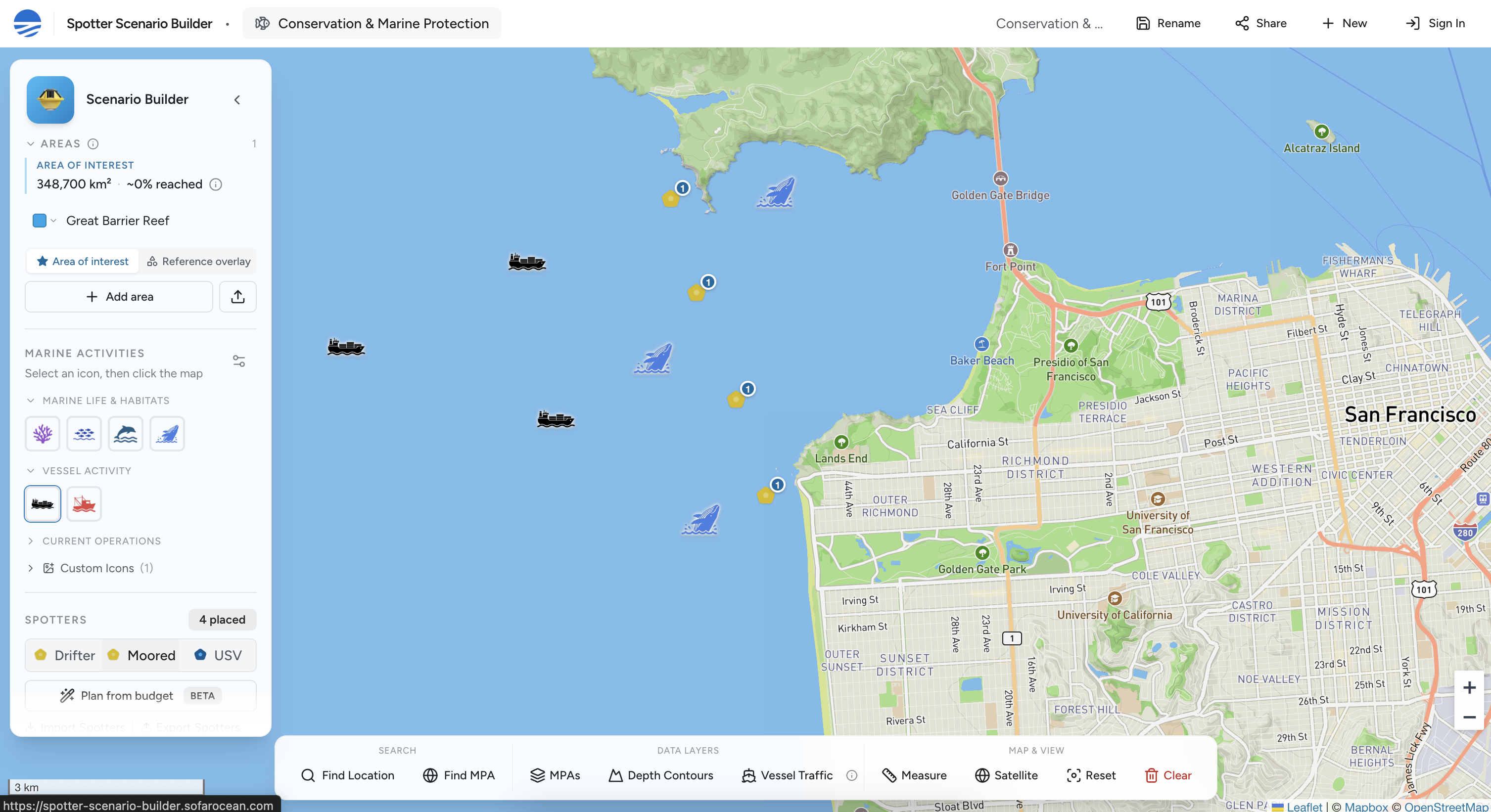 The Spotter Scenario Builder with four Spotters placed across the approaches to San Francisco, alongside vessel traffic and marine life layers