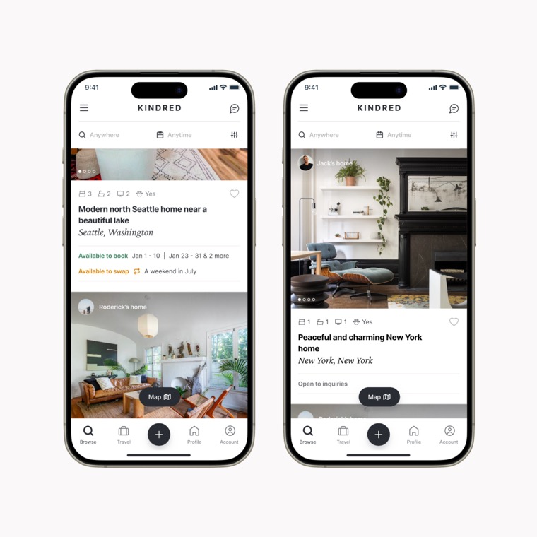 Two phones showing Kindred home listings with availability badges