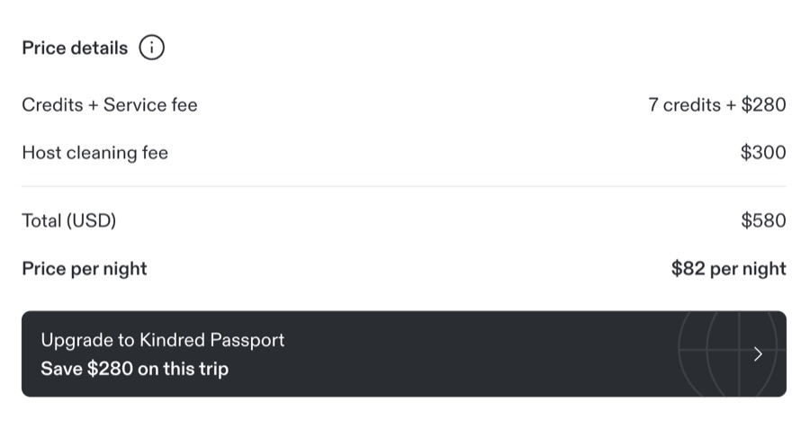 A Kindred trip price breakdown showing no service fees