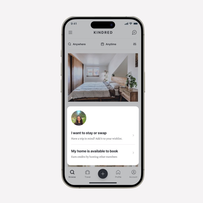 The Kindred app showing options to stay, swap or make a home available to book
