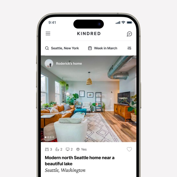 The Kindred feed showing homes in new destinations