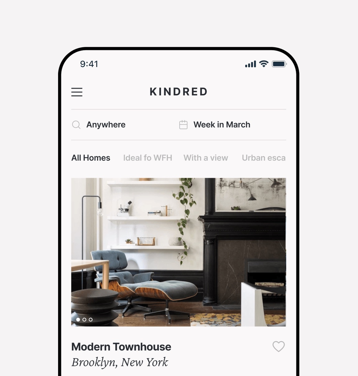 The Kindred app showing a home search with a Modern Townhouse listing in Brooklyn
