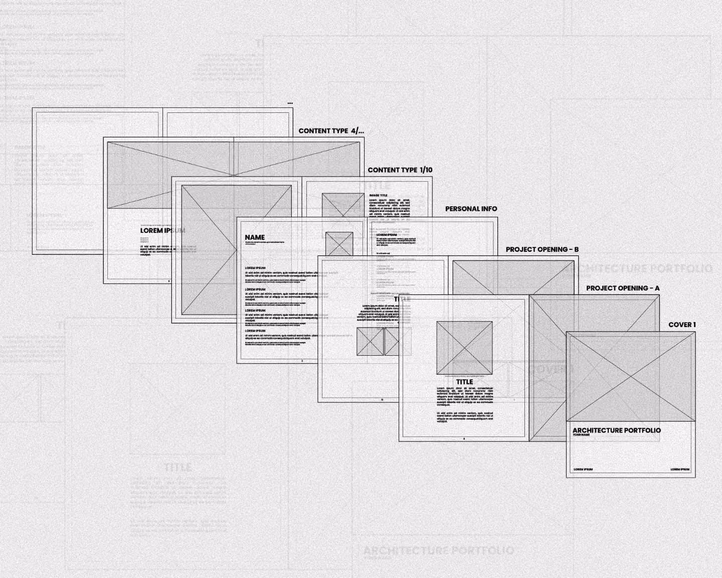 Transparent layered pages showing architecture portfolio layout with text and image placeholders.