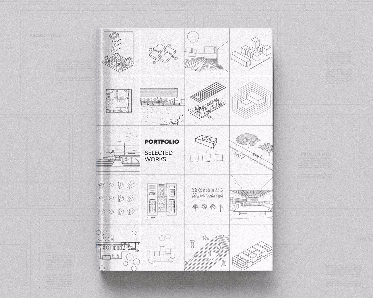 Portfolio book cover with grid of architectural drawings and text reading Portfolio Selected Works.
