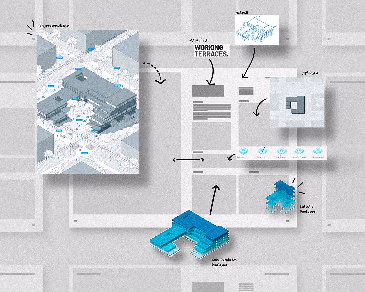 Architectural portfolio with working terraces, site plan, sketches, exploded and program diagrams.
