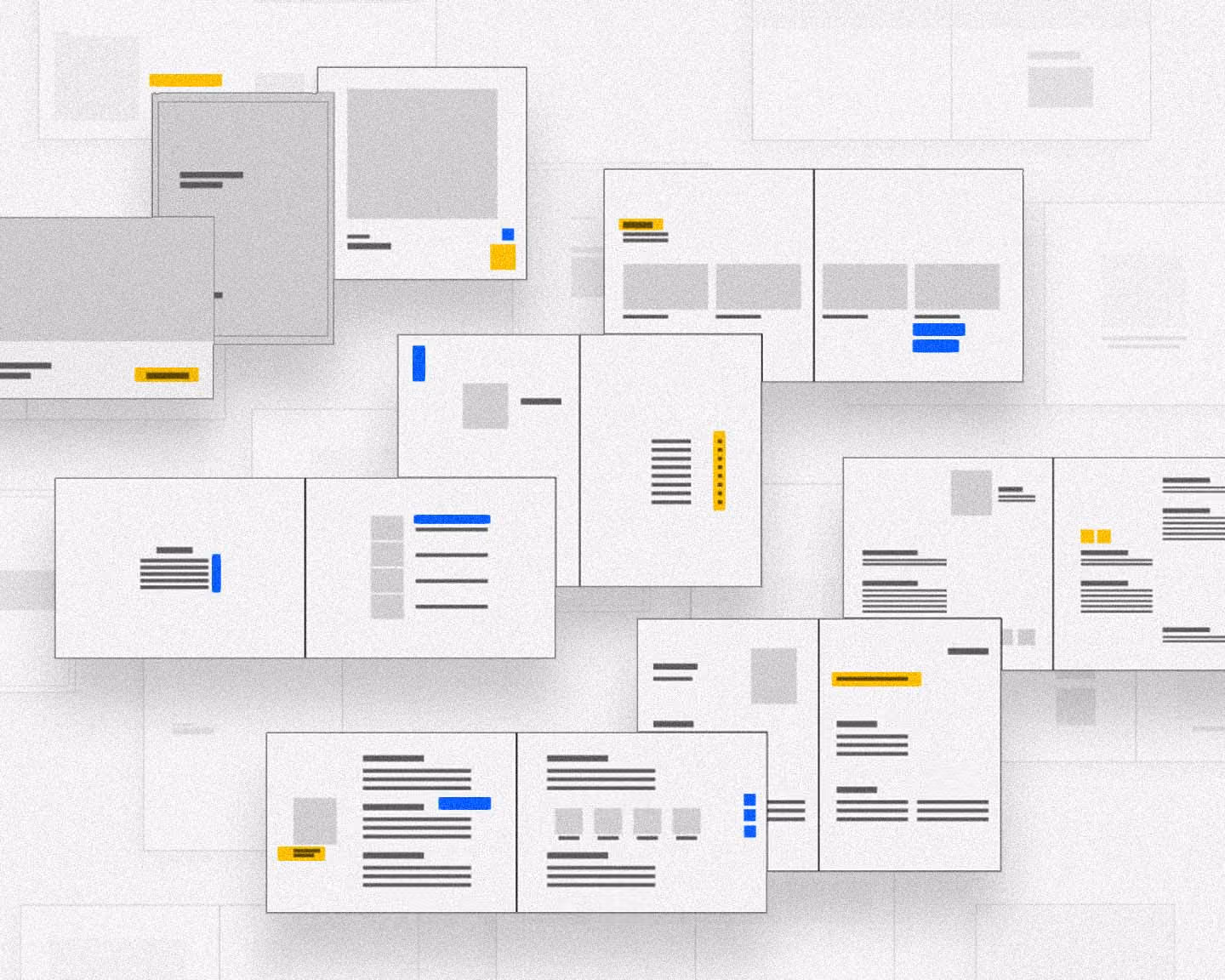 Multiple overlapping white interface cards with black text and blue, yellow highlights on a light grid background.