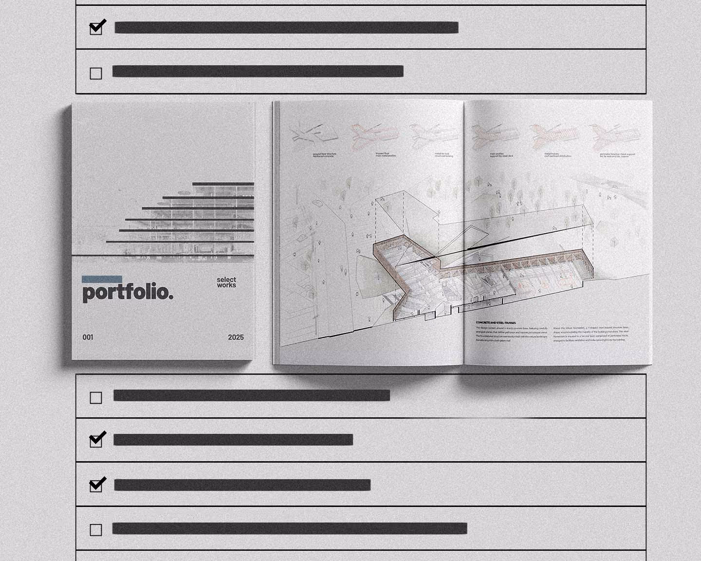 Closed and open architecture portfolio books with building design sketches on white background.