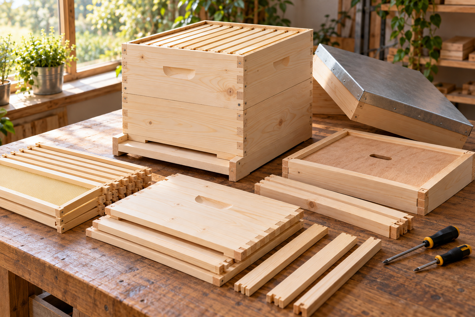 AI-generated illustration of a wooden beehive kit and assembly tools on a worktable