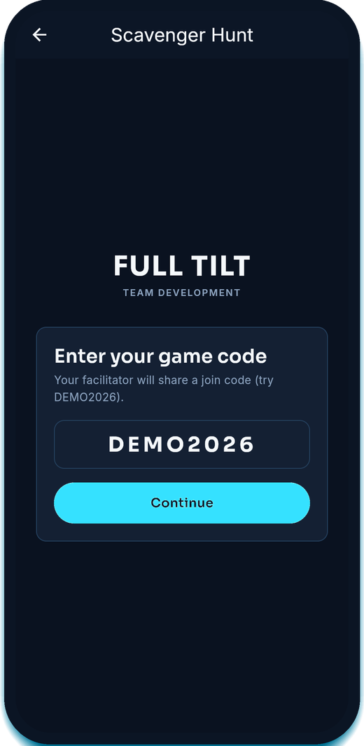The join screen of the FullTilt app, with a field for the game code
