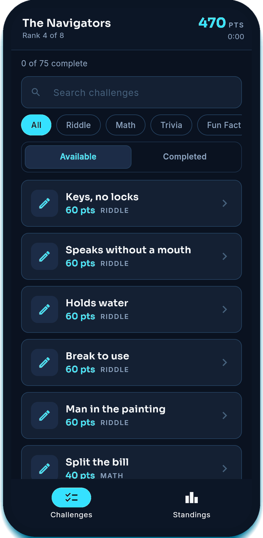The challenge list in the FullTilt app, filtered by type, each challenge showing its points
