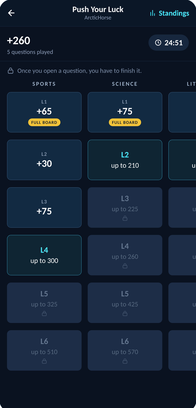 The Push Your Luck board in the app: categories as columns, levels descending, locked tiles below the one in play