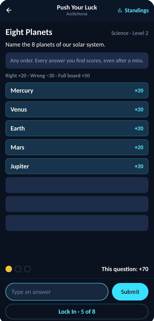 A Push Your Luck question in the app: name the eight planets, with five found and the running score shown
